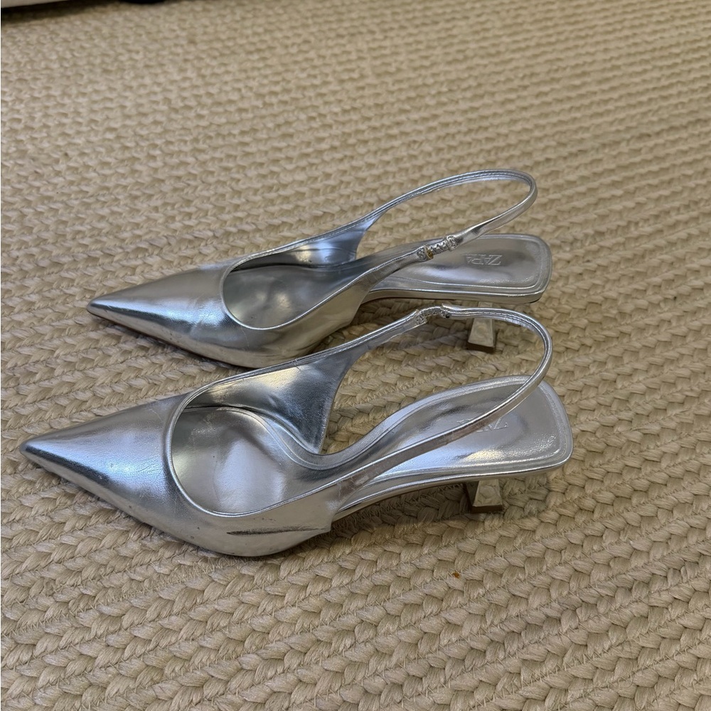Zara Metallic Silver Pointed Slingback Low Heel
